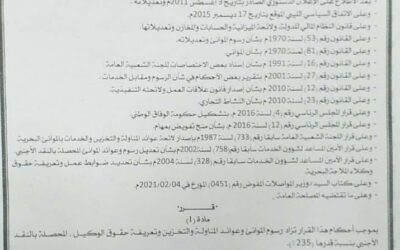 #Resolution  Resolution of the Presidential Council of the Government of National Accord No. 282 of 2021, regarding a ruling to determine port fees, handling and storage revenues, and the tariff of the agent’s rights obtained in foreign currency at a rate of (235%). #Misurata_Free_Zone